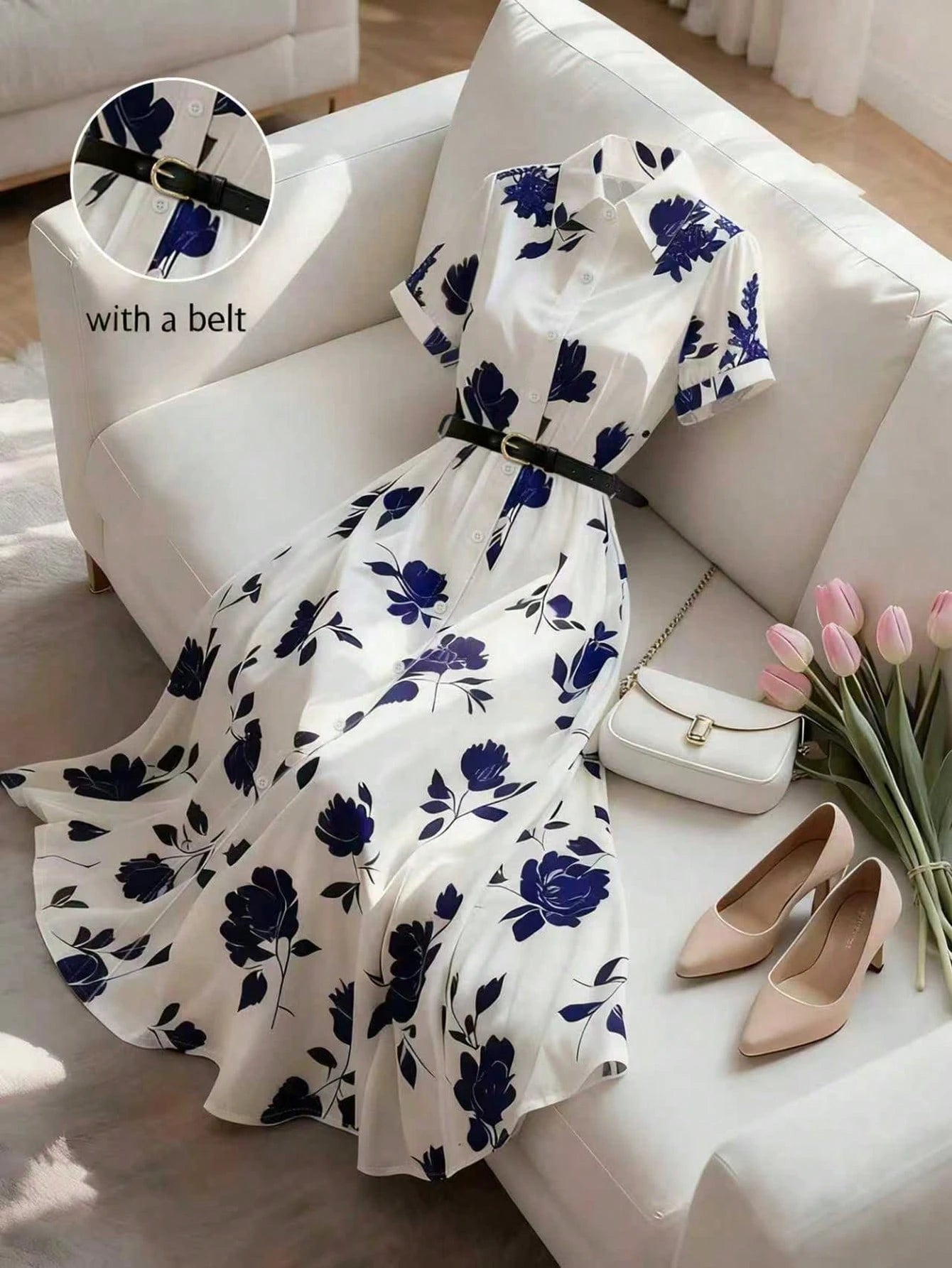 INAWLY Elegant Shirt Collar Cinched Waist Waist Short Sleeve Midi Dress, Suitable For Casual, Vacation, Commute