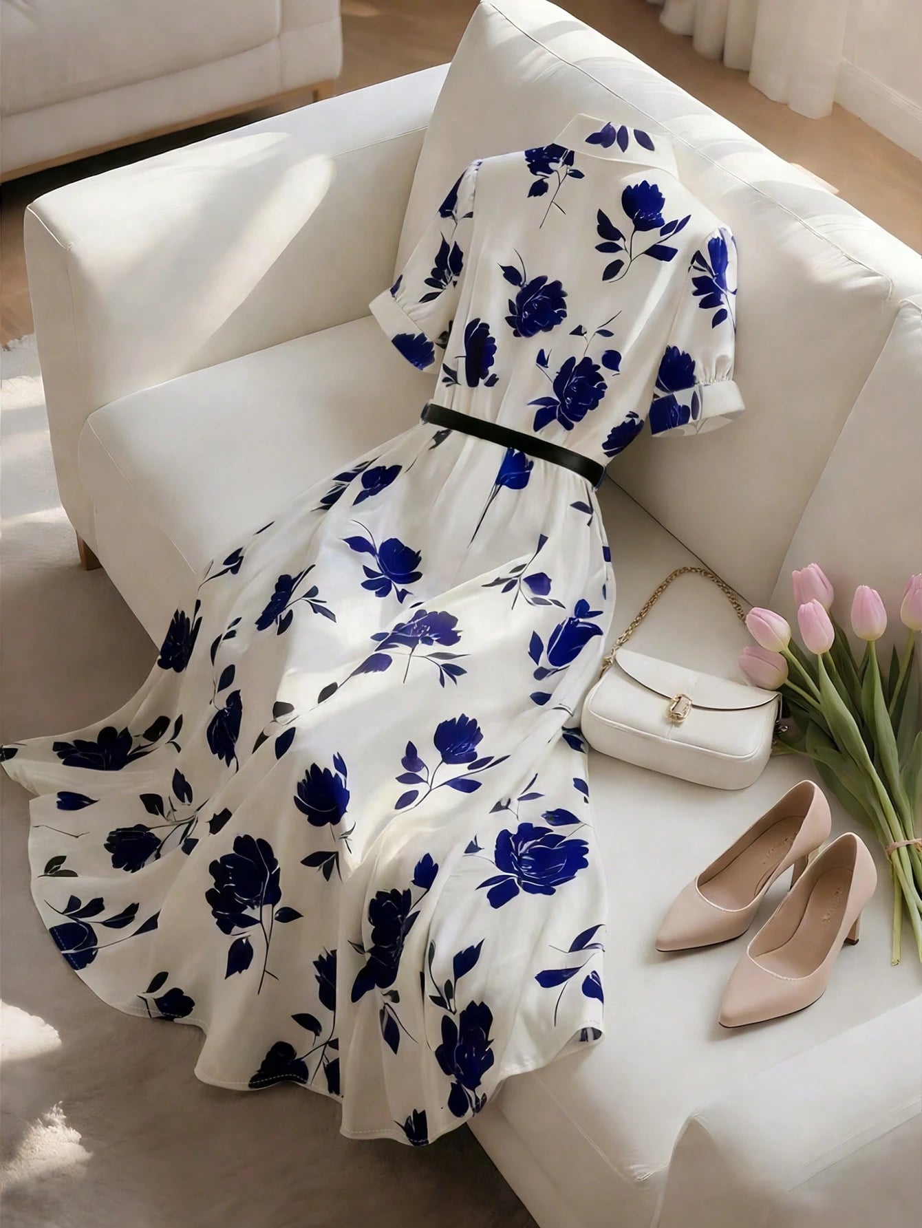 INAWLY Elegant Shirt Collar Cinched Waist Waist Short Sleeve Midi Dress, Suitable For Casual, Vacation, Commute