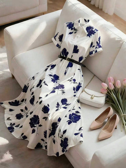 INAWLY Elegant Shirt Collar Cinched Waist Waist Short Sleeve Midi Dress, Suitable For Casual, Vacation, Commute