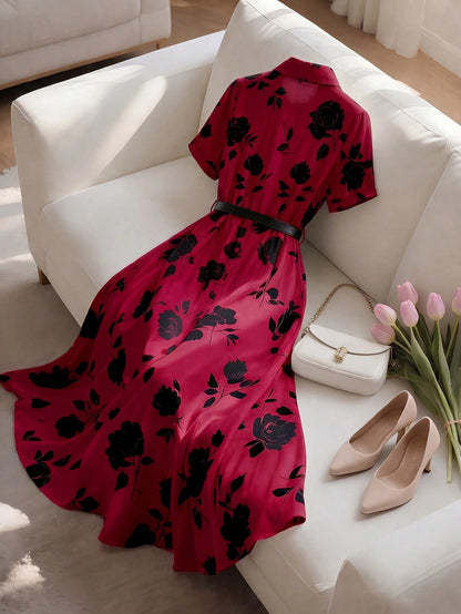 INAWLY Elegant Shirt Collar Cinched Waist Waist Short Sleeve Midi Dress, Suitable For Casual, Vacation, Commute