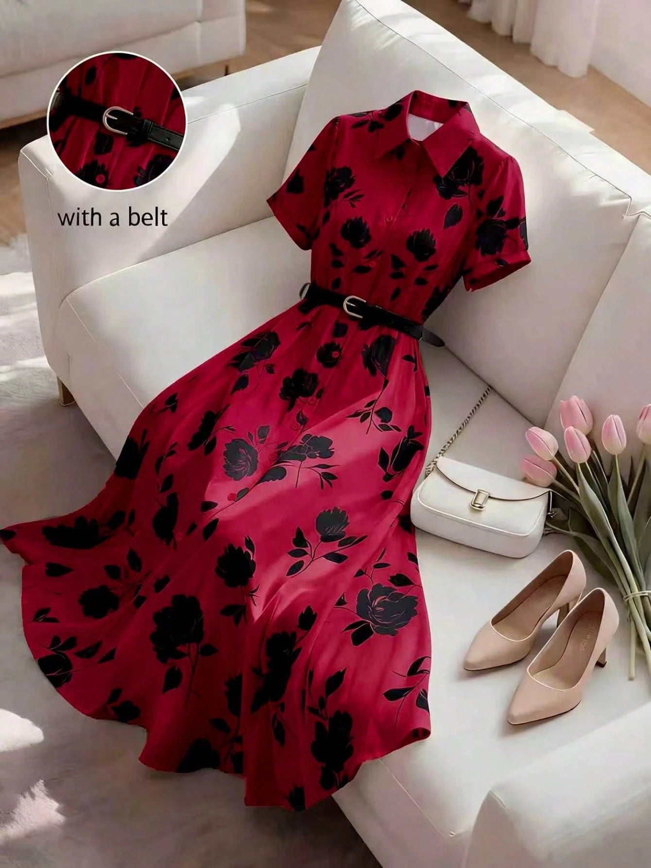 INAWLY Elegant Shirt Collar Cinched Waist Waist Short Sleeve Midi Dress, Suitable For Casual, Vacation, Commute