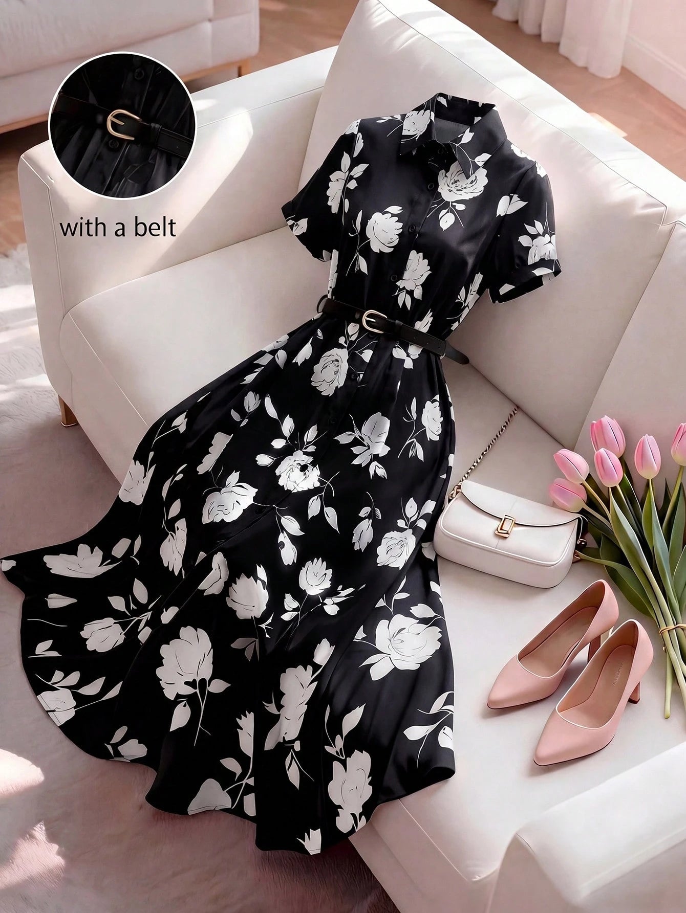 INAWLY Elegant Shirt Collar Cinched Waist Waist Short Sleeve Midi Dress, Suitable For Casual, Vacation, Commute
