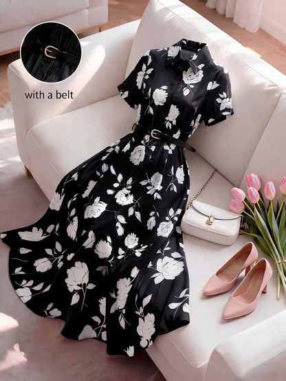 INAWLY Elegant Shirt Collar Cinched Waist Waist Short Sleeve Midi Dress, Suitable For Casual, Vacation, Commute