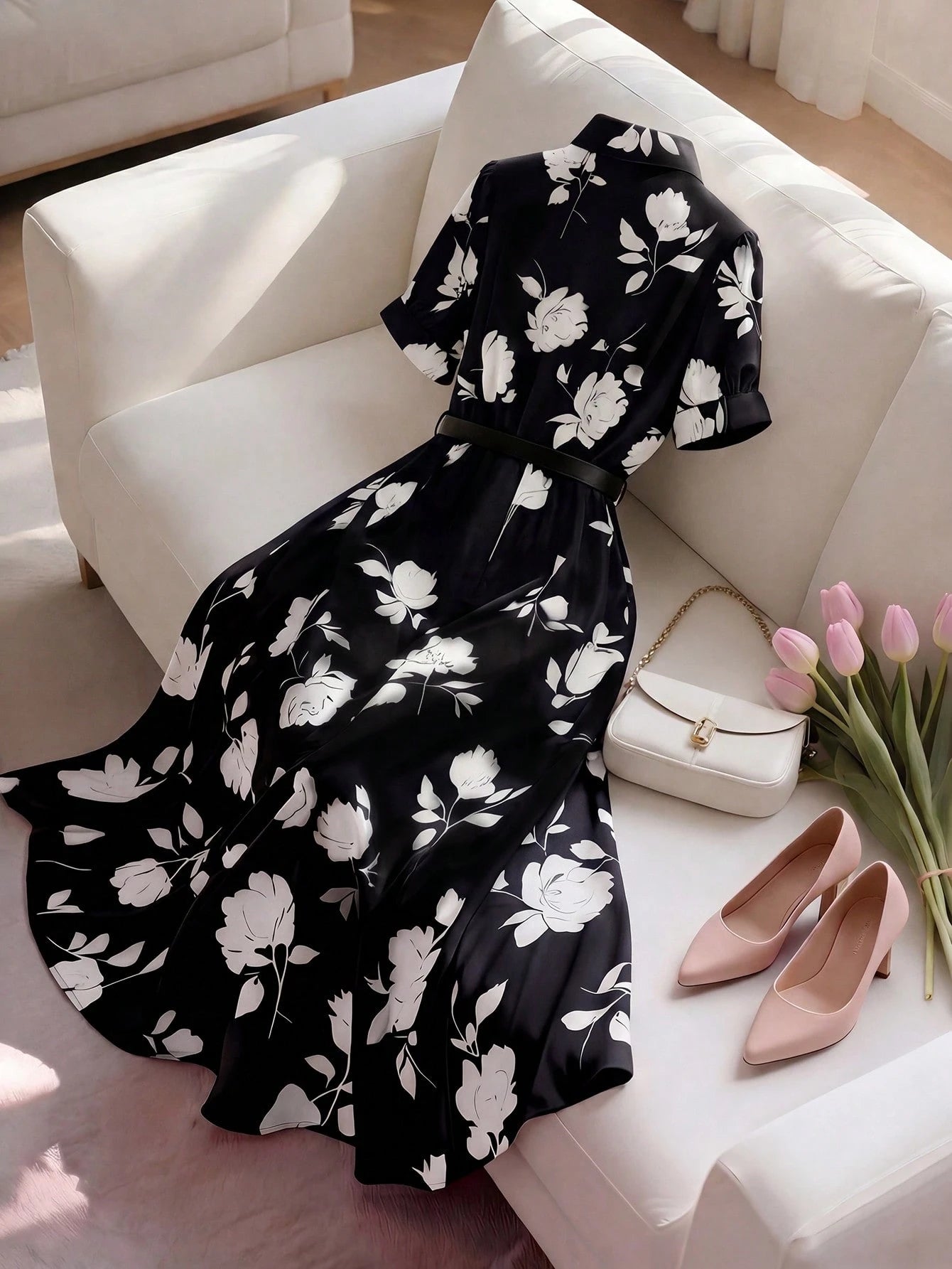 INAWLY Elegant Shirt Collar Cinched Waist Waist Short Sleeve Midi Dress, Suitable For Casual, Vacation, Commute