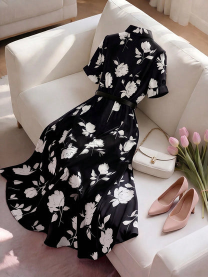 INAWLY Elegant Shirt Collar Cinched Waist Waist Short Sleeve Midi Dress, Suitable For Casual, Vacation, Commute