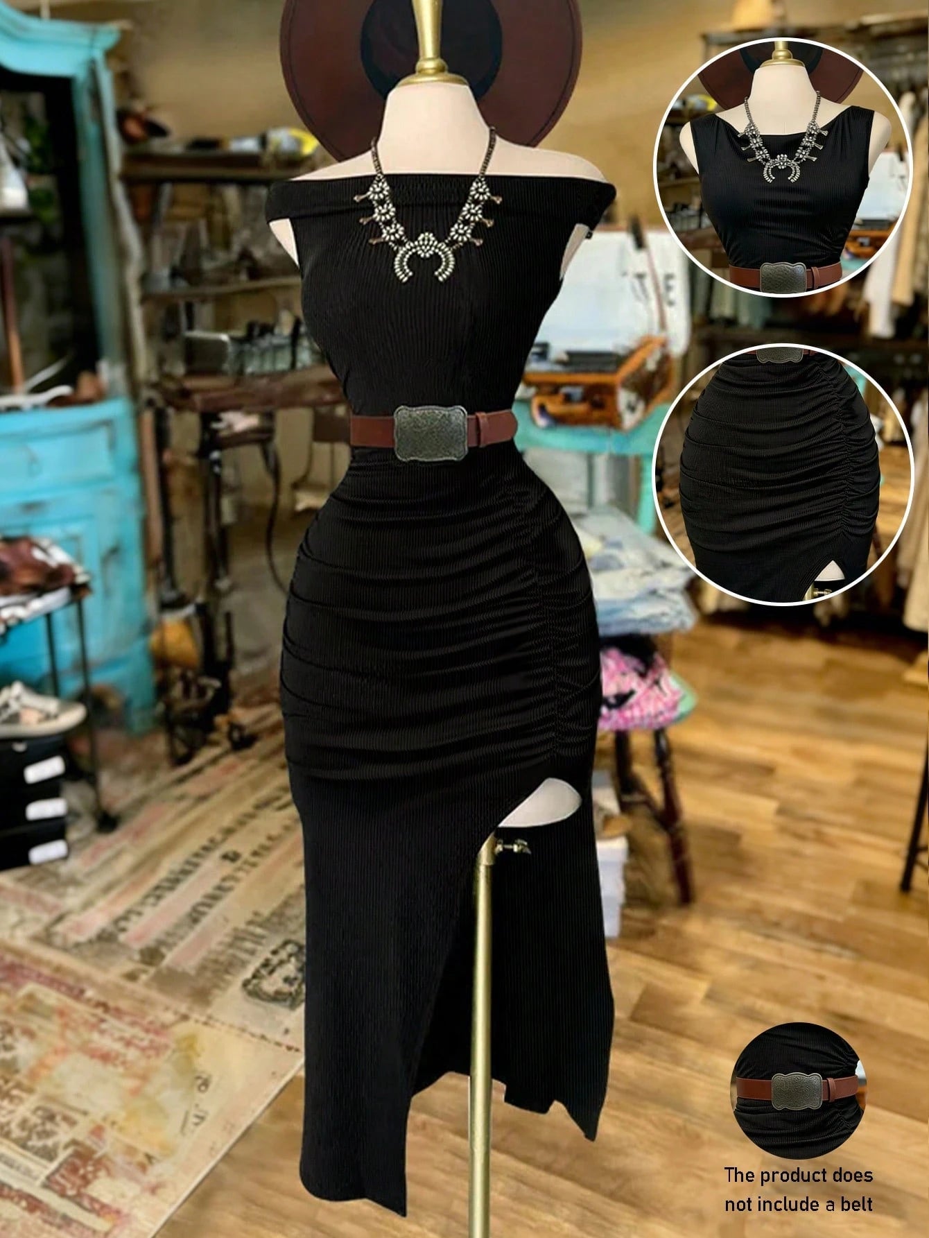 INAWLY Fitted Off-Shoulder Sleeveless Mid-Length Dress