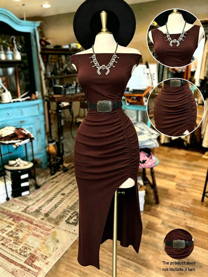 INAWLY Fitted Off-Shoulder Sleeveless Mid-Length Dress