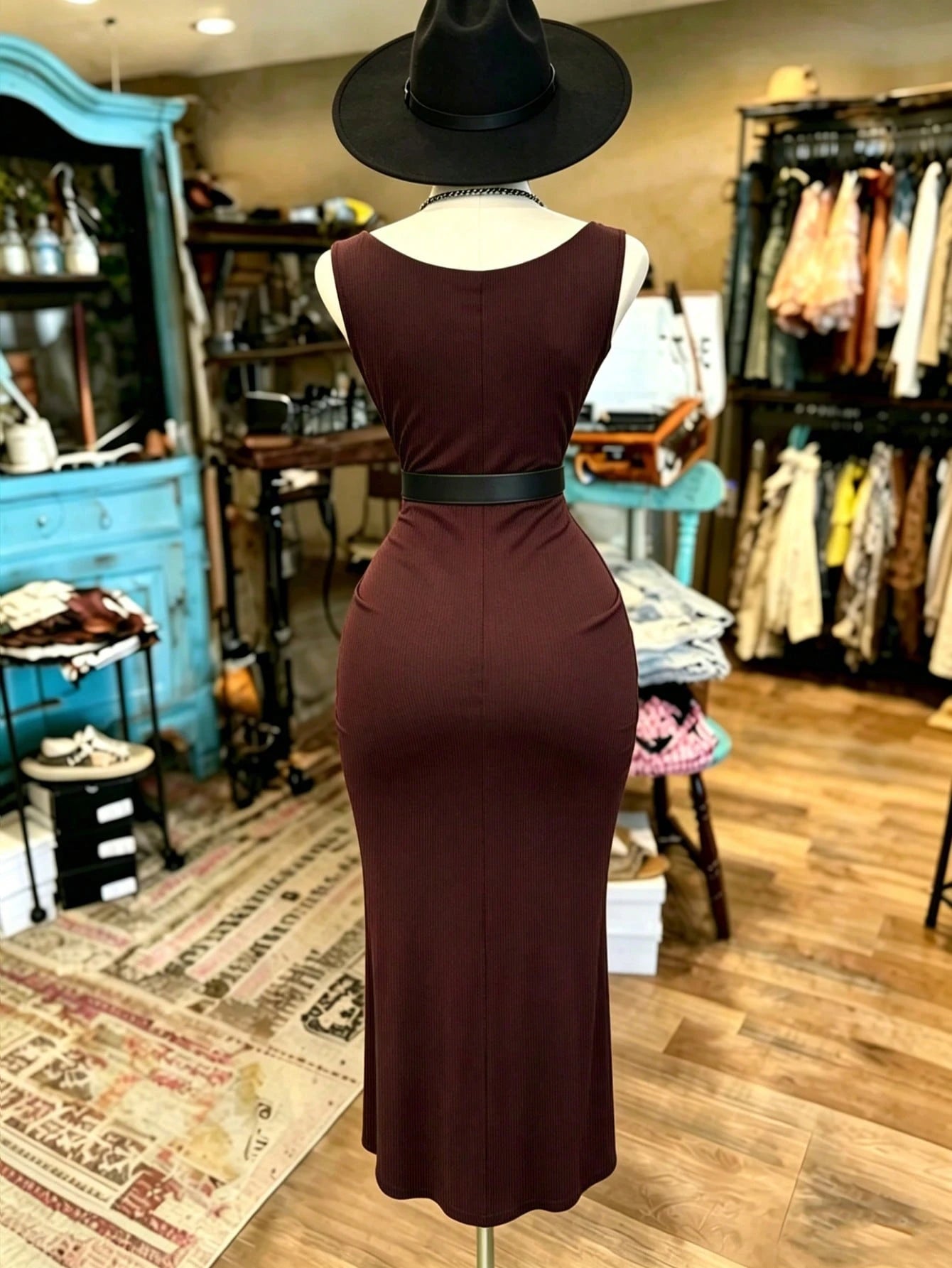 INAWLY Fitted Off-Shoulder Sleeveless Mid-Length Dress
