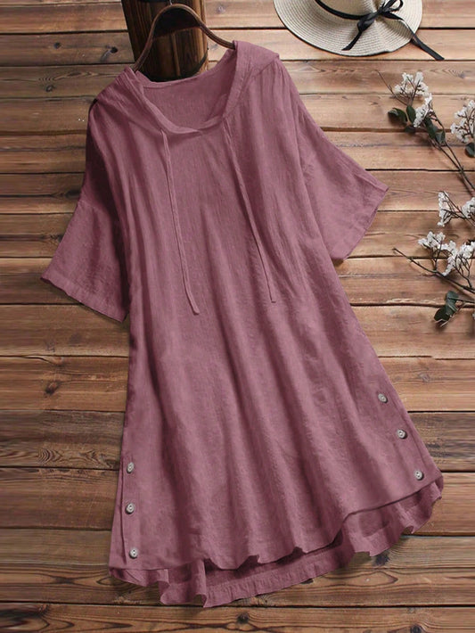 INAWLY Ladies' Hooded Drawstring Long Blouse, Solid Color, Great For Vacation And Casual Wear, Short Sleeve Tops