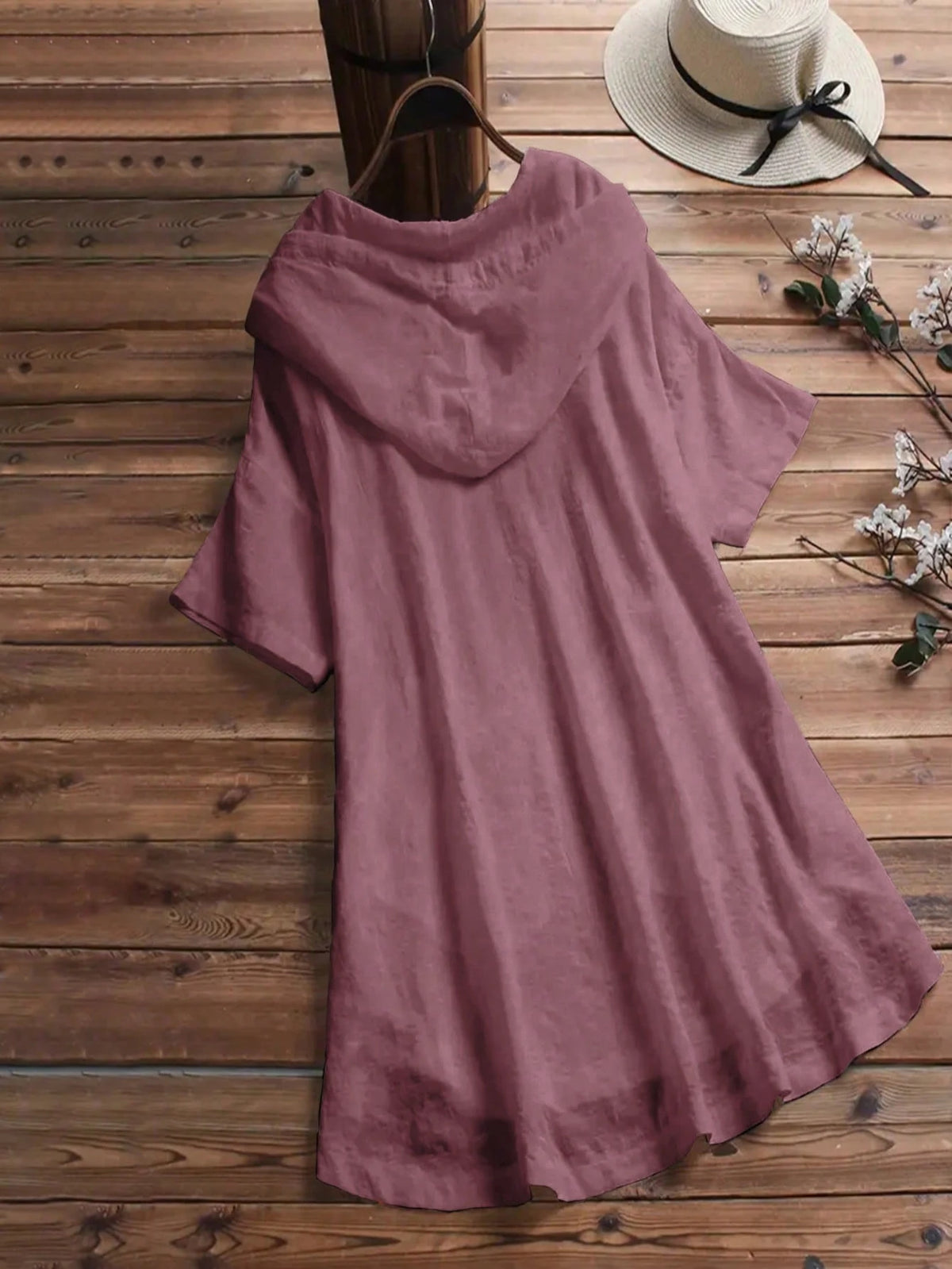 INAWLY Ladies' Hooded Drawstring Long Blouse, Solid Color, Great For Vacation And Casual Wear, Short Sleeve Tops