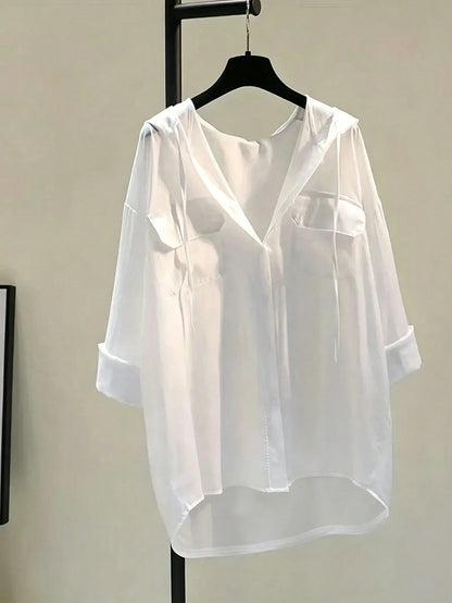 INAWLY Plus Size Solid Color Hooded Drawstring Shirt With Single-Breasted Closure, Casual Fall Cloth For Women