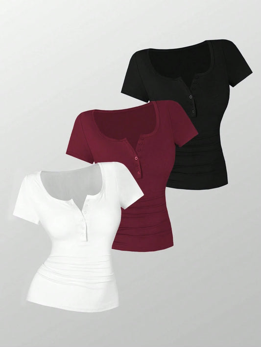INAWLY Plus Size Solid Color Minimalist Button Decor Round Neck Casual T-Shirt