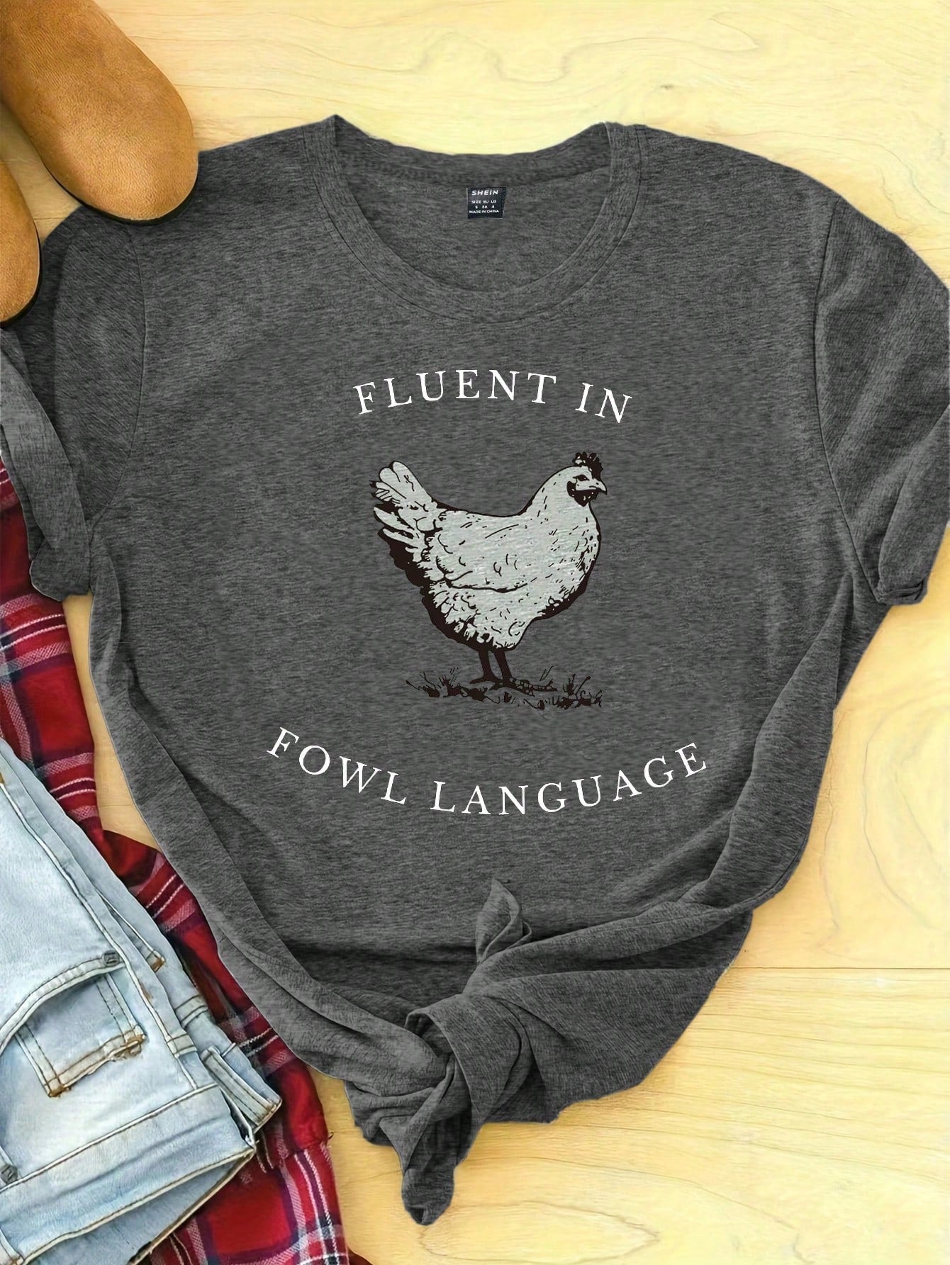 INAWLY Plus Size Women's Loose Fit Hen Letter Printed Casual Short Sleeve T-Shirt, FLUENT IN FOWL LANGUAGE Graphic Tees Women Tops, For Summer
