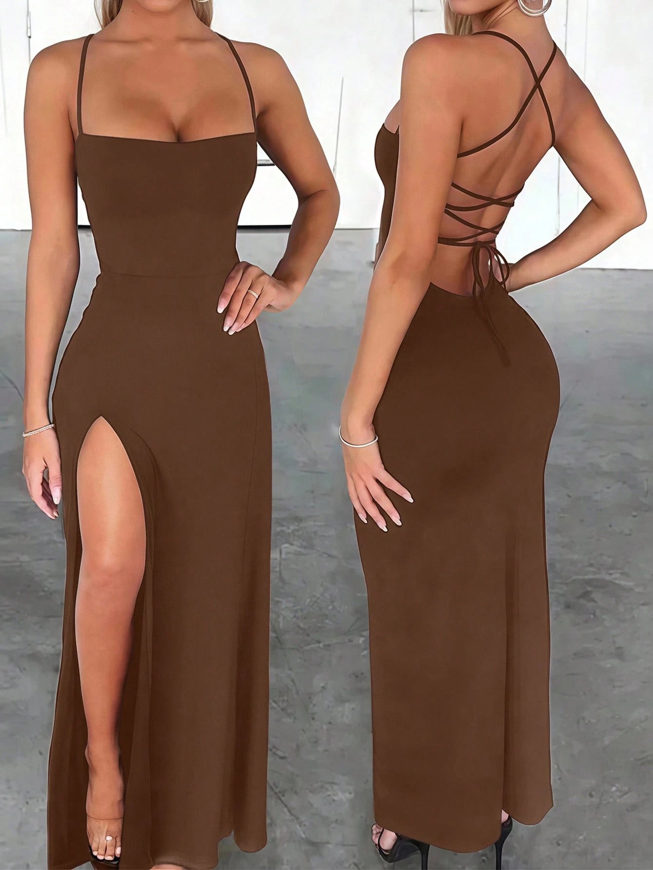 INAWLY Solva Fitted Sexy Elegant High Slit Criss-Cross Strap Tie-Up Long Dress For Women Party Brown Summer