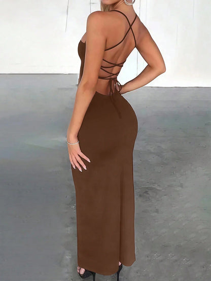 INAWLY Solva Fitted Sexy Elegant High Slit Criss-Cross Strap Tie-Up Long Dress For Women Party Brown Summer