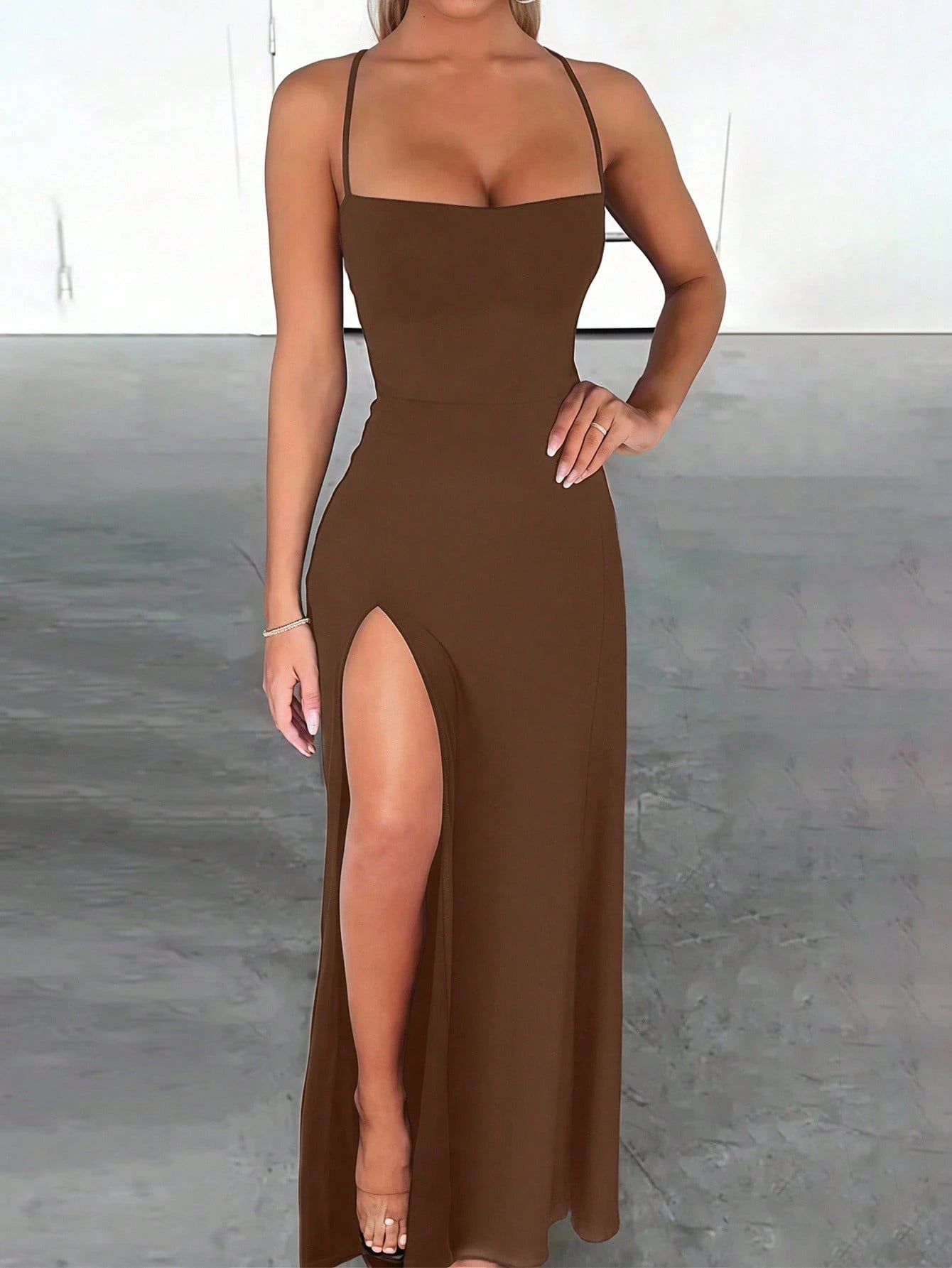 INAWLY Solva Fitted Sexy Elegant High Slit Criss-Cross Strap Tie-Up Long Dress For Women Party Brown Summer