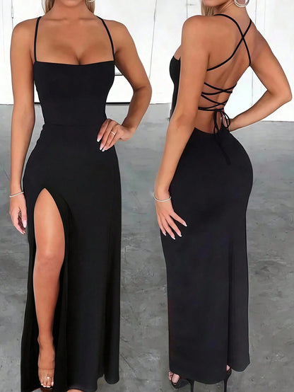INAWLY Solva Fitted Sexy Elegant High Slit Criss-Cross Strap Tie-Up Long Dress For Women Party Brown Summer