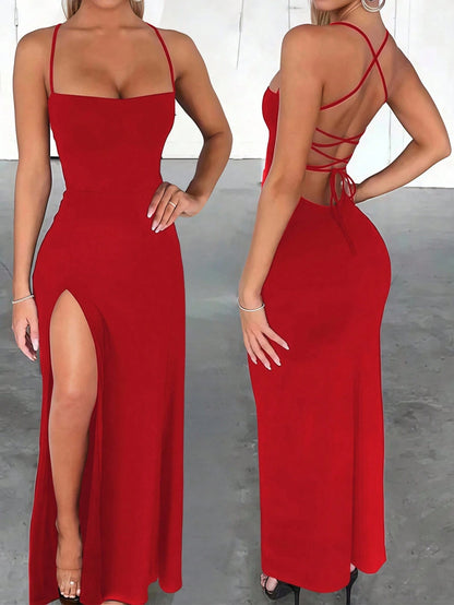 INAWLY Solva Fitted Sexy Elegant High Slit Criss-Cross Strap Tie-Up Long Dress For Women Party Brown Summer