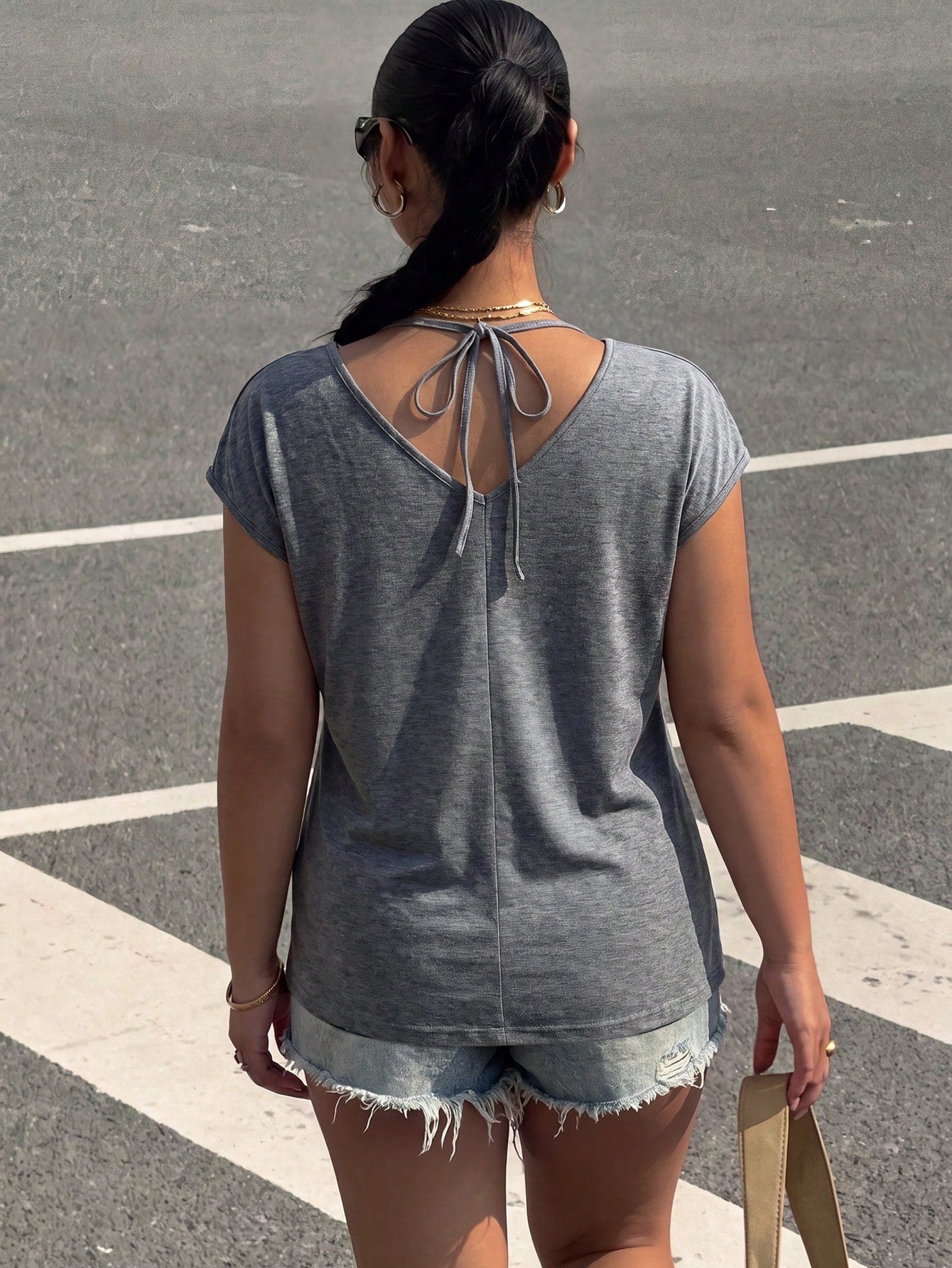 INAWLY Solva Plus Size Women's Grey T-Shirt With Halter Neck And Asymmetrical Collar,Gray Top,Going Out Tops,Gym,Festival Outfits,Cowgirl Blouses,Y2k Y2K,Summer
