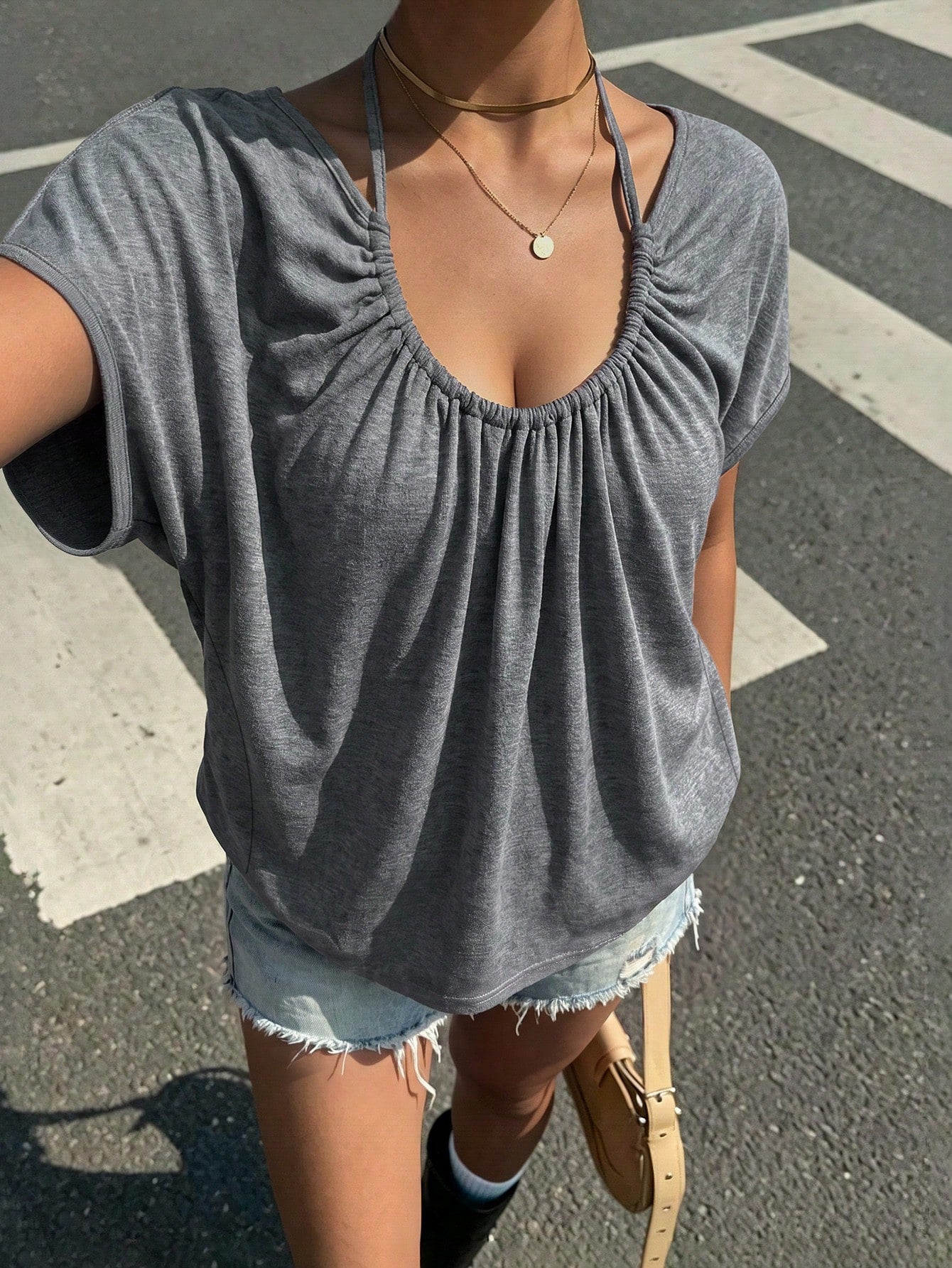 INAWLY Solva Plus Size Women's Grey T-Shirt With Halter Neck And Asymmetrical Collar,Gray Top,Going Out Tops,Gym,Festival Outfits,Cowgirl Blouses,Y2k Y2K,Summer