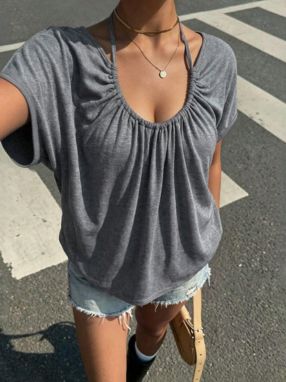 INAWLY Solva Plus Size Women's Grey T-Shirt With Halter Neck And Asymmetrical Collar,Gray Top,Going Out Tops,Gym,Festival Outfits,Cowgirl Blouses,Y2k Y2K,Summer