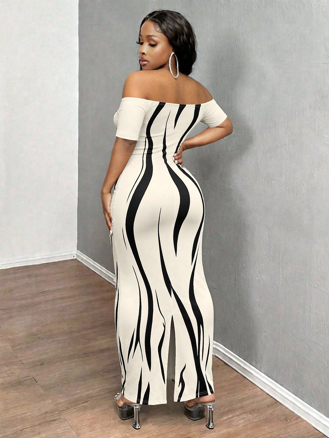 INAWLY Solva Women's Sexy Casual Fitted Short Sleeve Off-Shoulder Print Dress, Summer Vacation Black And White Leopard Print Club Date Night