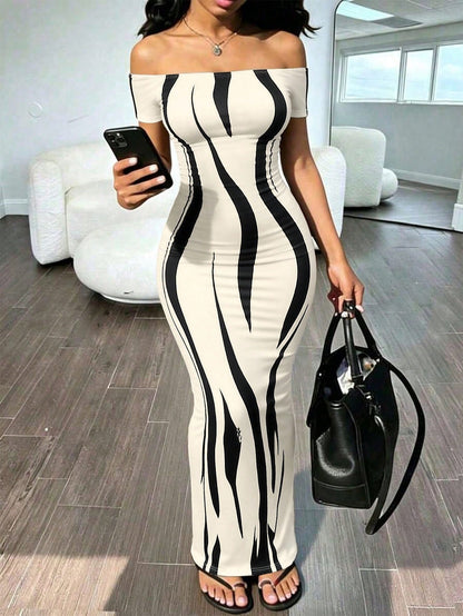 INAWLY Solva Women's Sexy Casual Fitted Short Sleeve Off-Shoulder Print Dress, Summer Vacation Black And White Leopard Print Club Date Night