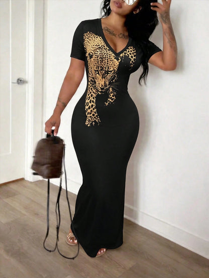 INAWLY Solva Women's Summer Sexy Slim Fit Printed Short Sleeve Dress