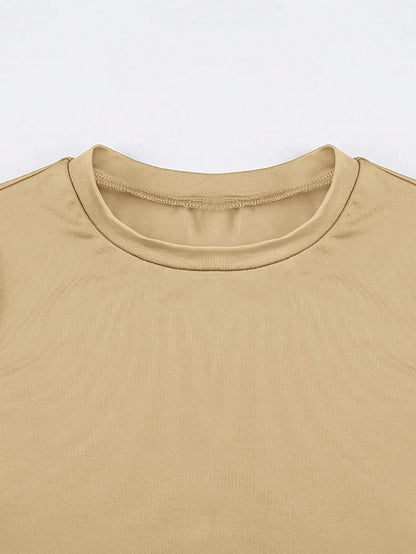 INAWLY Solva Women's Summer Solid Color Round Neck Short Sleeve Slim Fit Casual T-Shirt With Pleated Detail Fall Cloth For Women