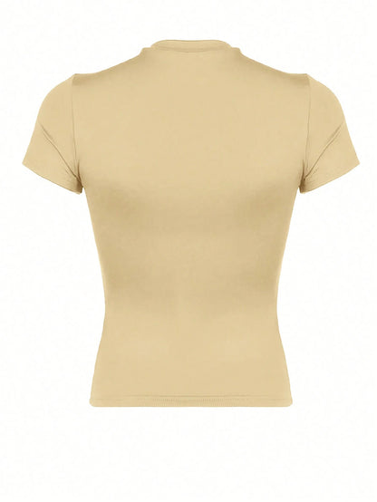 INAWLY Solva Women's Summer Solid Color Round Neck Short Sleeve Slim Fit Casual T-Shirt With Pleated Detail Fall Cloth For Women