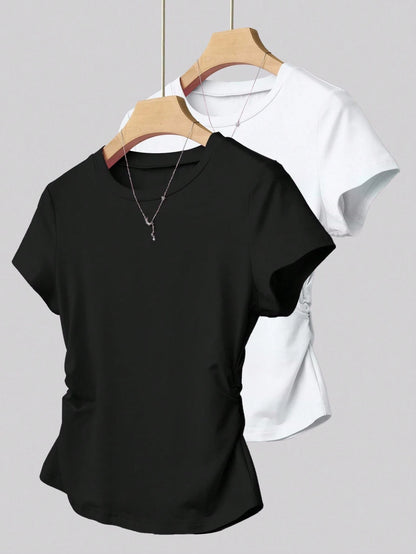 INAWLY Women's All-Match Solid Color Versatile Slim Fit Short Sleeve T-Shirt, Everyday Wear