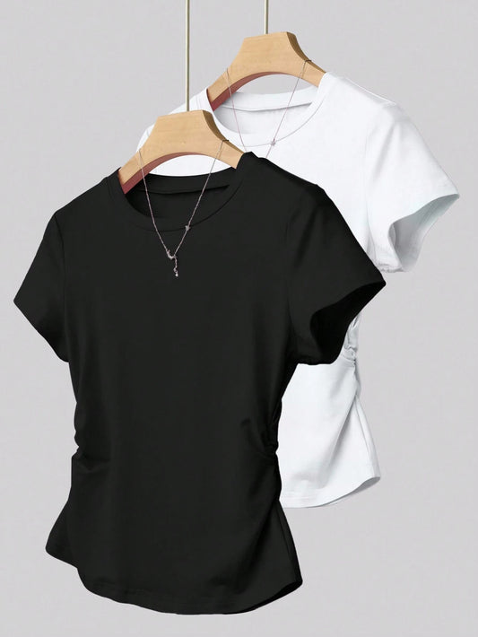 INAWLY Women's All-Match Solid Color Versatile Slim Fit Short Sleeve T-Shirt, Everyday Wear