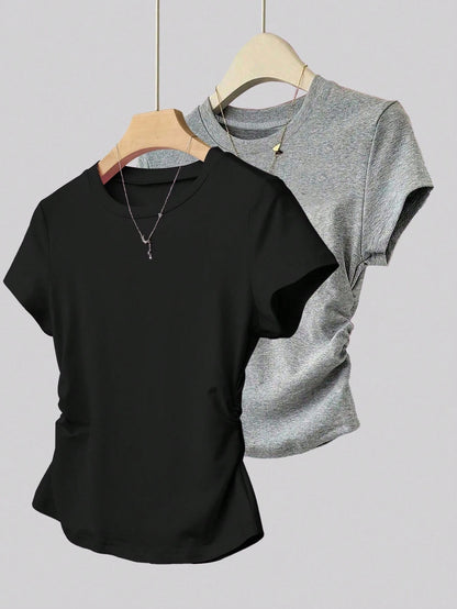 INAWLY Women's All-Match Solid Color Versatile Slim Fit Short Sleeve T-Shirt, Everyday Wear