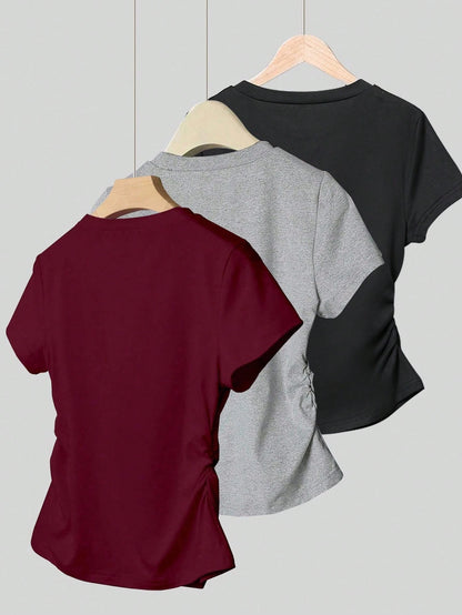 INAWLY Women's Casual Pleated Round Neck Short Sleeve T-Shirt