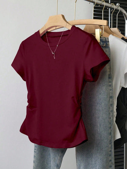 INAWLY Women's Casual Pleated Round Neck Short Sleeve T-Shirt