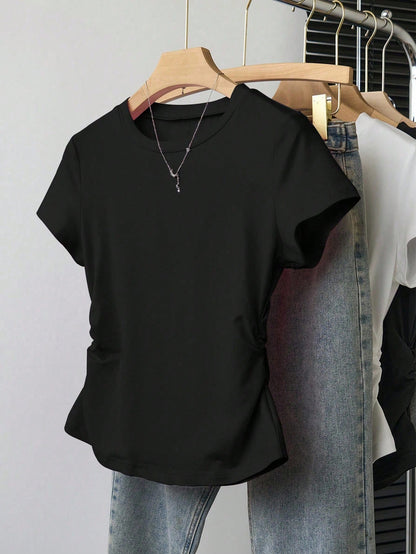 INAWLY Women's Casual Pleated Round Neck Short Sleeve T-Shirt