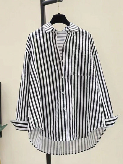 INAWLY Women's Casual Striped Print Long Sleeve Chest Pocket Shirt, Autumn &Winter Fall Cloth For Women