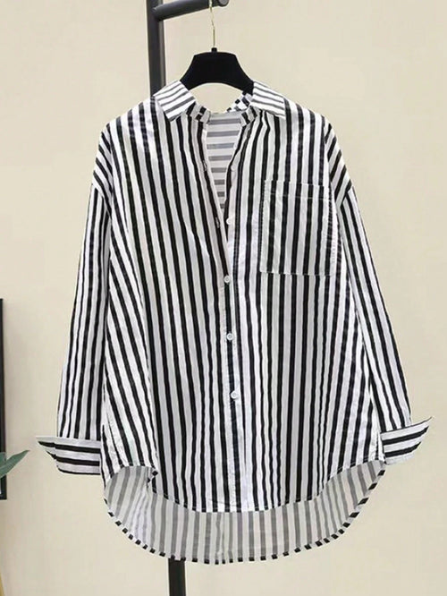 INAWLY Women's Casual Striped Print Long Sleeve Chest Pocket Shirt, Autumn &Winter Fall Cloth For Women