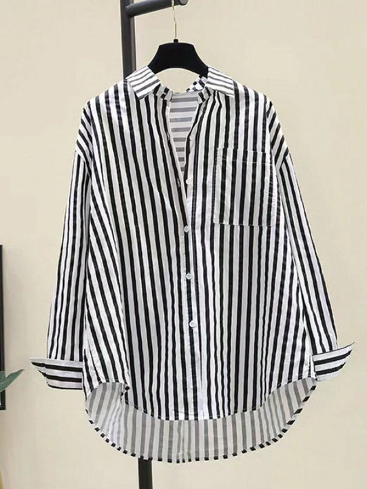 INAWLY Women's Casual Striped Print Long Sleeve Chest Pocket Shirt, Autumn &Winter Fall Cloth For Women