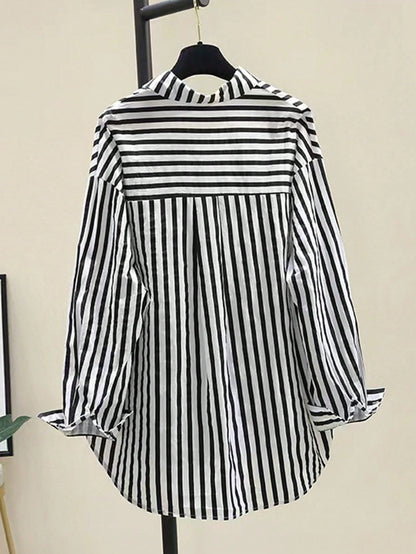 INAWLY Women's Casual Striped Print Long Sleeve Chest Pocket Shirt, Autumn &Winter Fall Cloth For Women