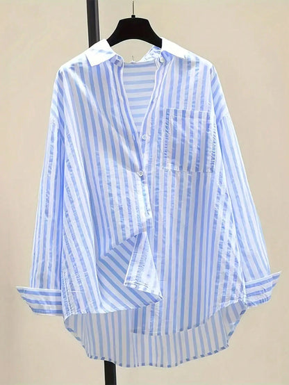 INAWLY Women's Casual Striped Print Long Sleeve Chest Pocket Shirt, Autumn &Winter Fall Cloth For Women