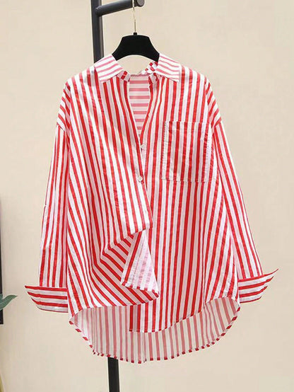 INAWLY Women's Casual Striped Print Long Sleeve Chest Pocket Shirt, Autumn &Winter Fall Cloth For Women