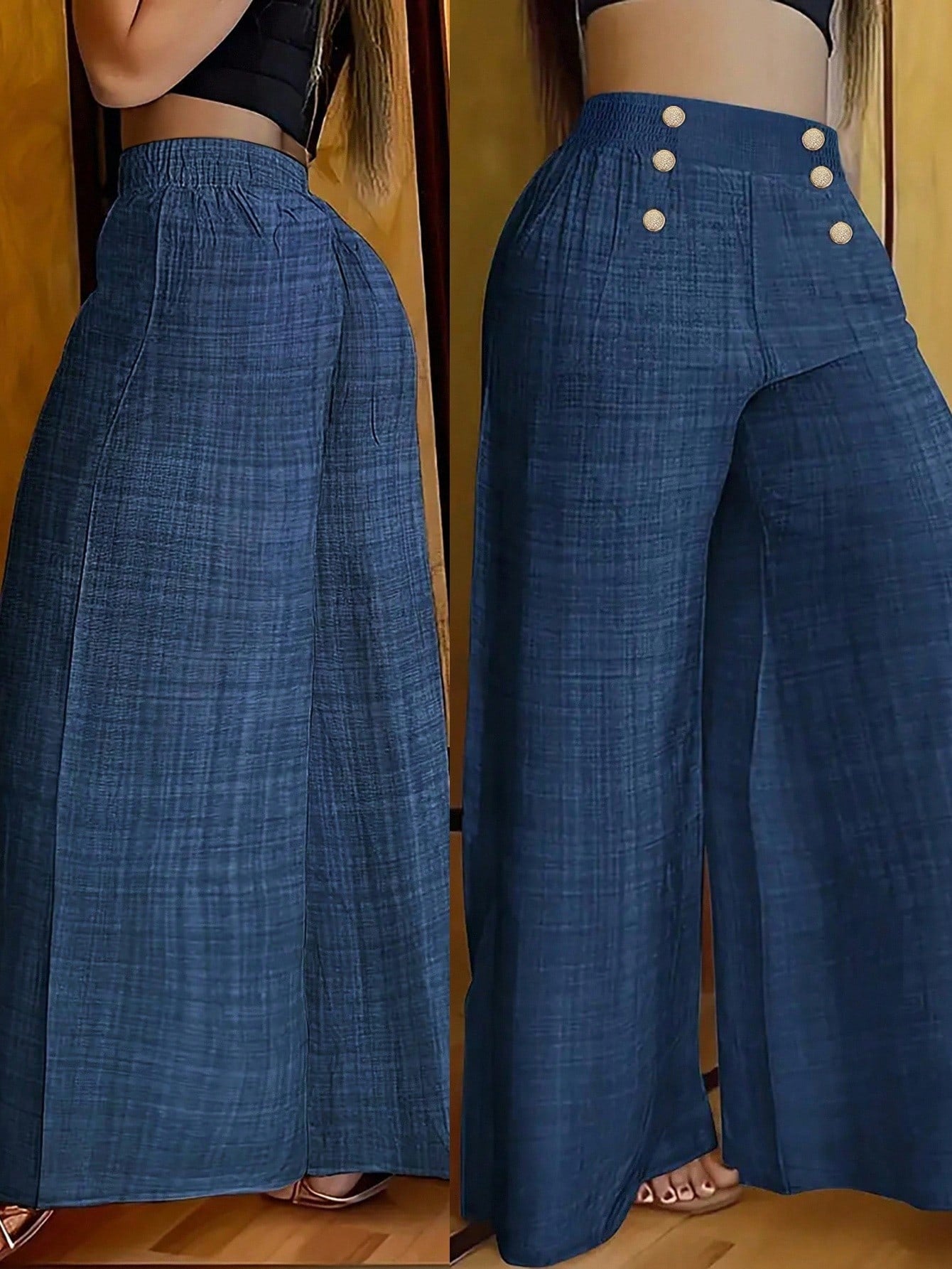 INAWLY Women's Casual Vacation High Waist Button Decor Wide Leg Pants Fall Cloth For Women