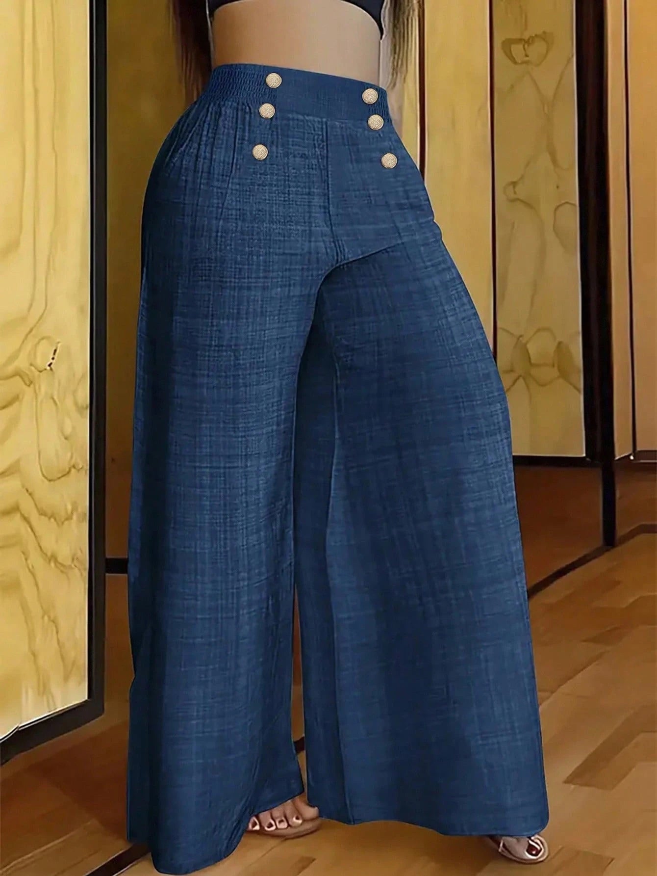 INAWLY Women's Casual Vacation High Waist Button Decor Wide Leg Pants Fall Cloth For Women