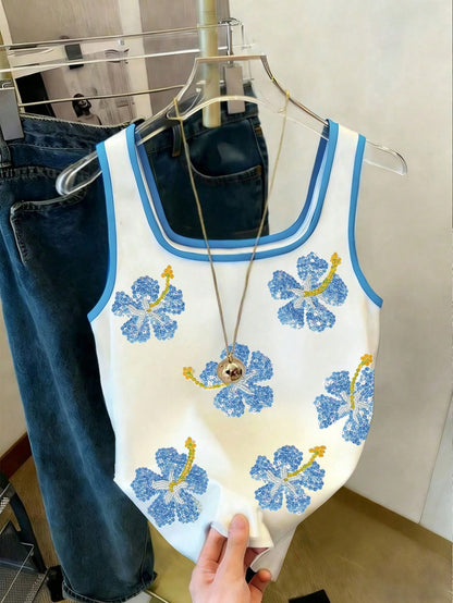 INAWLY Women's Fashion Rhinestone Sequin Butterfly Embroidery Sleeveless Top, Minimalist Vacation Wear