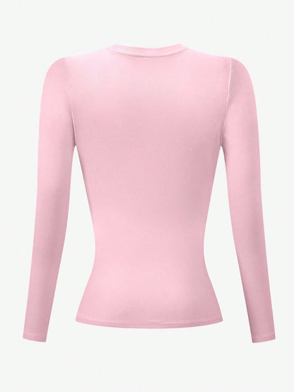 INAWLY Women's Pink Long Sleeve Crew Neck Fitted T-Shirt
