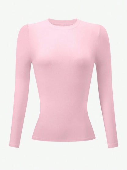 INAWLY Women's Pink Long Sleeve Crew Neck Fitted T-Shirt