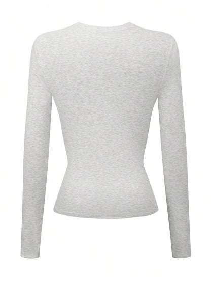 INAWLY Women's Pink Long Sleeve Crew Neck Fitted T-Shirt