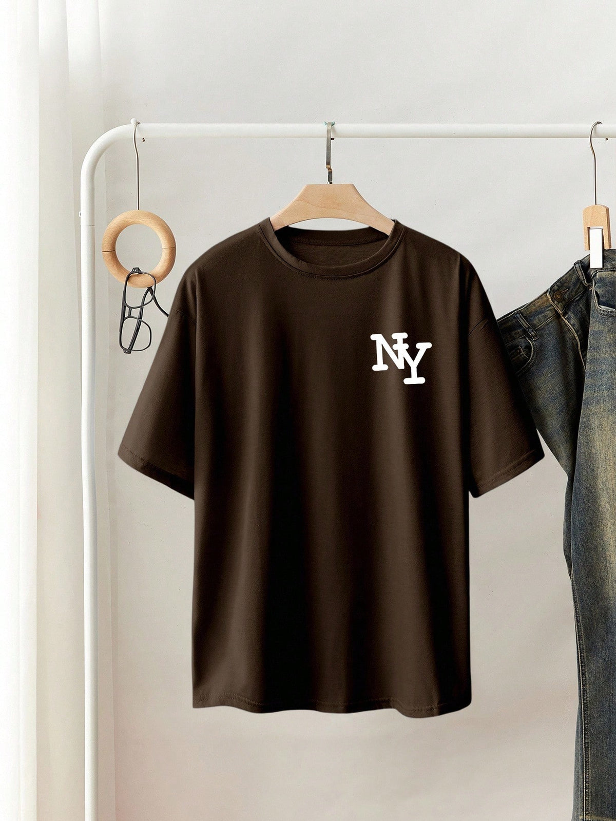 INAWLY Women's Rust Brown NY Letter Print Loose Crew Neck Short Sleeve T-Shirt, Casual Summer Top, Elegant & Comfortable Design, Suitable For Casual Outings