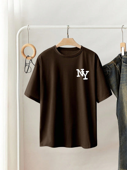 INAWLY Women's Rust Brown NY Letter Print Loose Crew Neck Short Sleeve T-Shirt, Casual Summer Top, Elegant & Comfortable Design, Suitable For Casual Outings